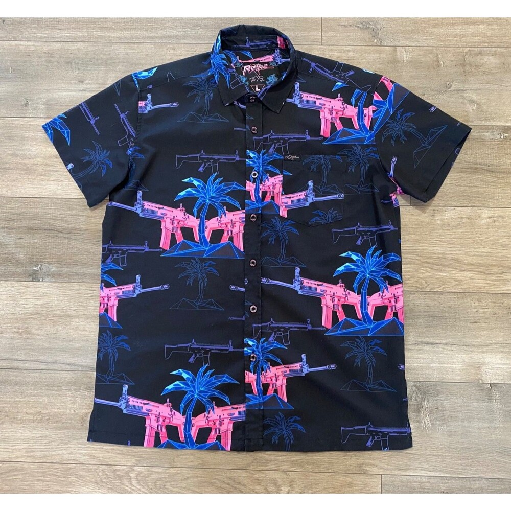 Retro Rifle Men's L Black The Palm AOP Hawaiian Camp Button Up Stretch Shirt